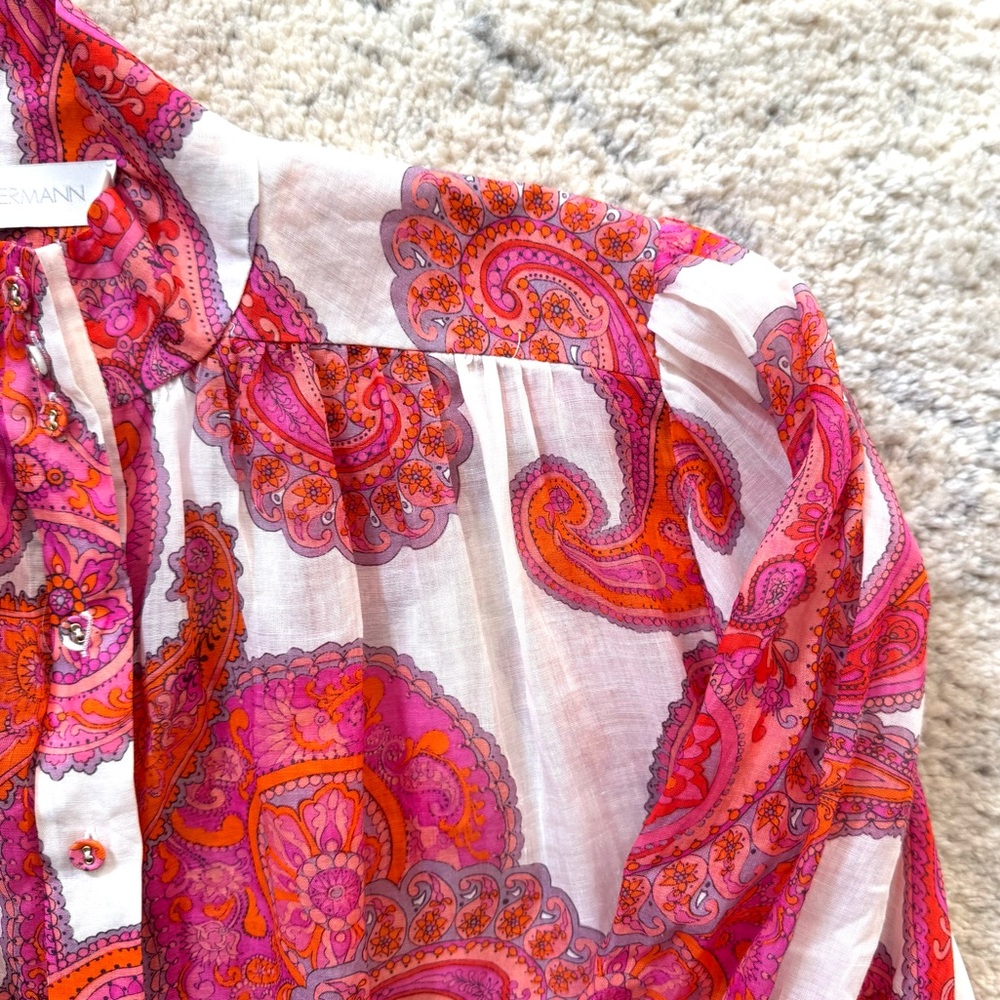 NWT! Zimmermann Peggy Orange/Pink Paisley Linen Button Down Long Sleeve Blouse - Picture 9 of 11